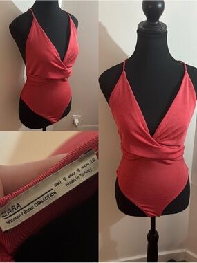 ZARA Coral-Red Wrap V-Neck Bodysuit with Spaghetti Straps